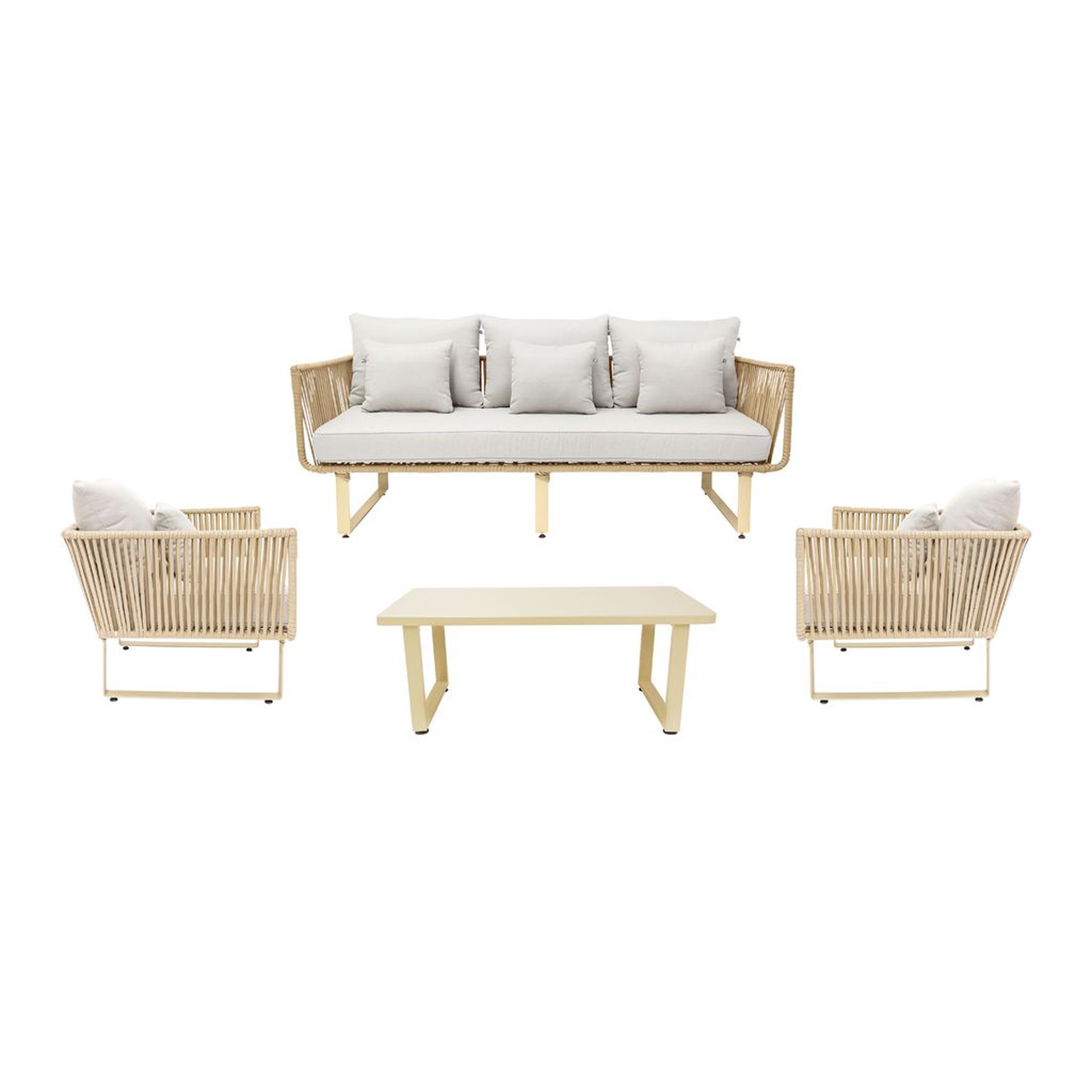 Vallarta sala 3+1+1+ mesa metal beige cuerda beige cojineria loneta exterior