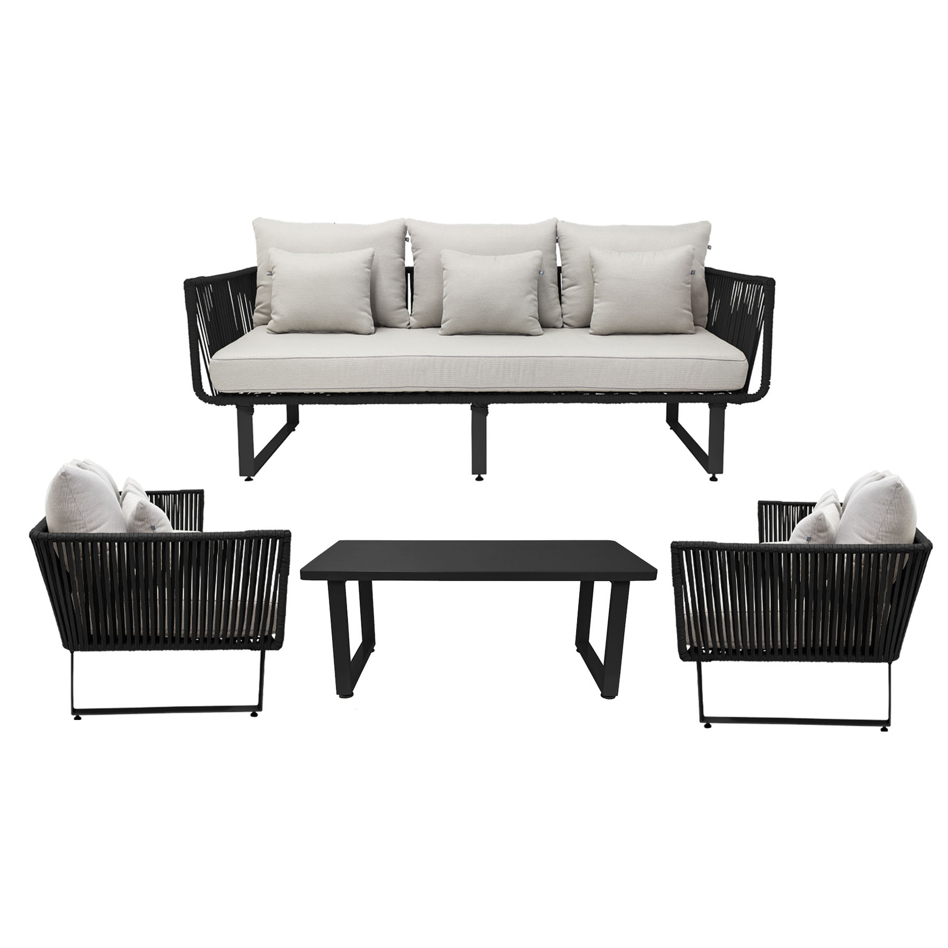 Vallarta sala 3+1+1+ mesa metal negro cuerda negra cojineria curri