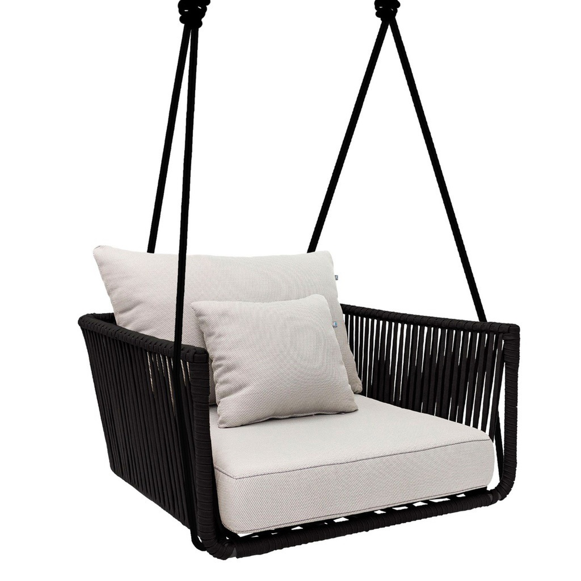 Vallarta columpio sillon metal negro cuerda negra cojineria loneta