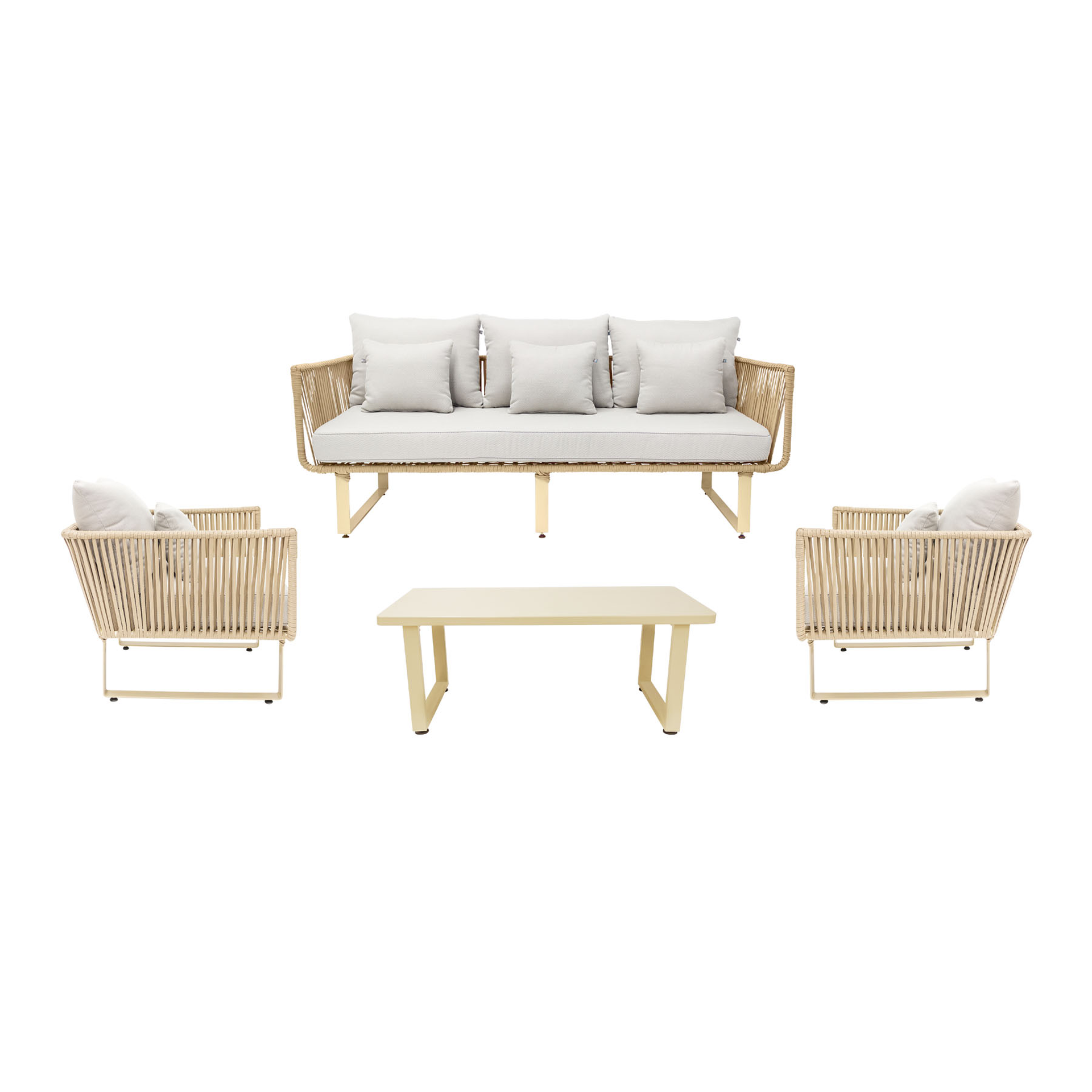 Vallarta sala 3+1+1+ mesa metal beige cuerda beige cojineria curri